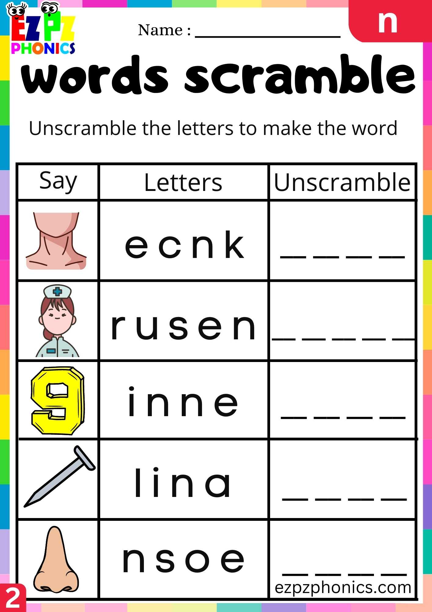 Group2 Letter N Words Scramble Beginning Sounds Worksheet